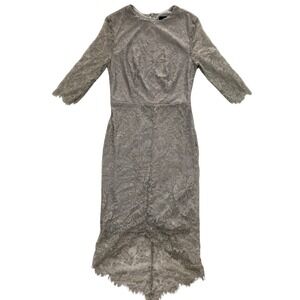 Lulus Grey Lace High Low Midi Dress 3/4 Sleeve Cocktail Wedding Guest Crew Neck
